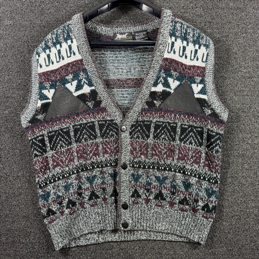 Vintage Impact Geometric Fair Isle Sweater Vest Men's L Leather Trim Grandpacore